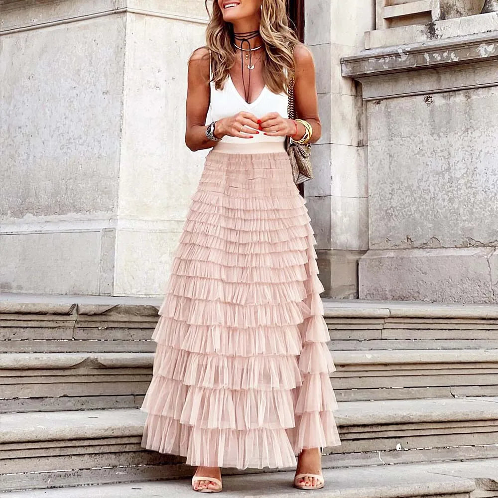 Mirla | Avslappnad dam solid ballklänning lång kjol tulle hög midja plisserad tutu kjol elegant dam vild nät dejting maxi kjolar drop-Eva Jonsson