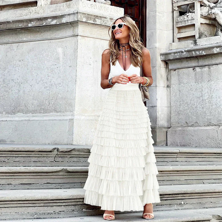 Mirla | Avslappnad dam solid ballklänning lång kjol tulle hög midja plisserad tutu kjol elegant dam vild nät dejting maxi kjolar drop-Eva Jonsson
