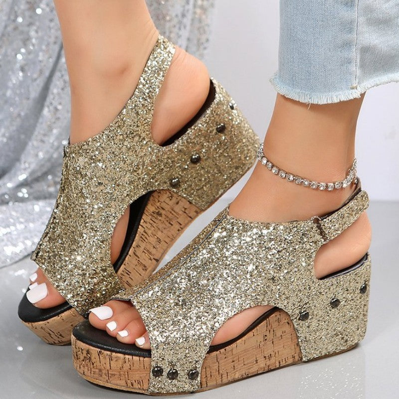 Mirla | Avslappnade Urtagna Paljetter Patchwork Fiskmun Utomhus Wedges Skor-Eva Jonsson