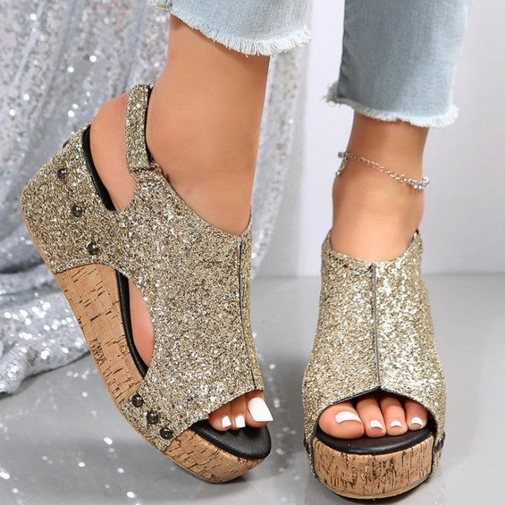 Mirla | Avslappnade Urtagna Paljetter Patchwork Fiskmun Utomhus Wedges Skor-Eva Jonsson
