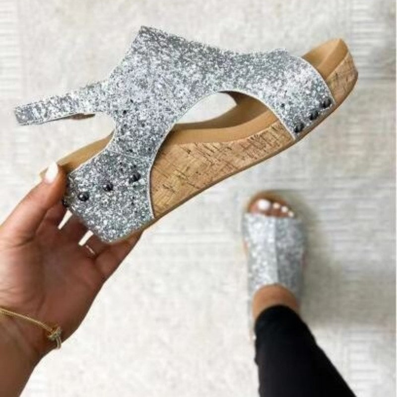 Mirla | Avslappnade Urtagna Paljetter Patchwork Fiskmun Utomhus Wedges Skor-Eva Jonsson