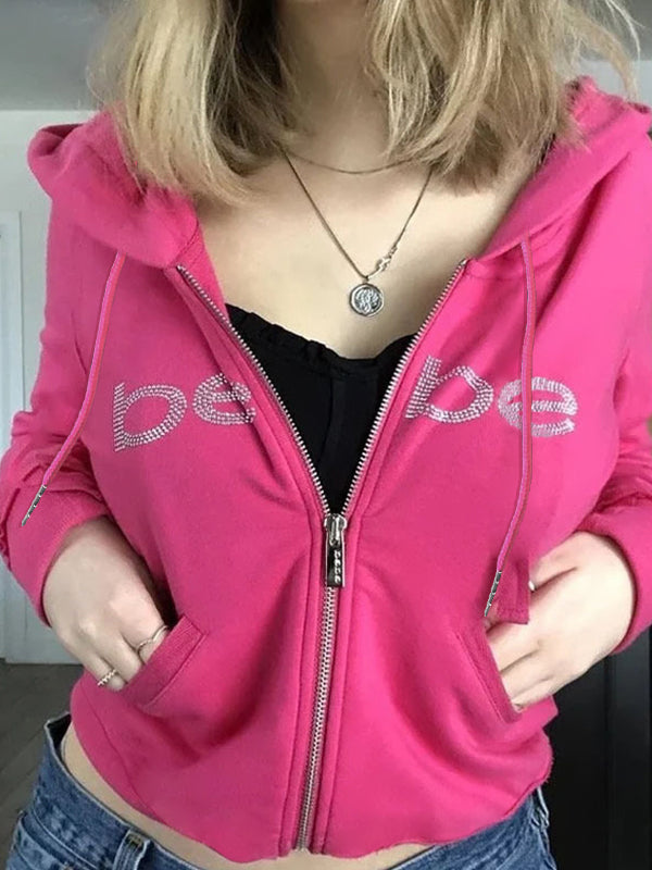 Mirla | Barbie Rosa Bokstäver Strasstryck Hoodie med Dragkedja-Eva Jonsson