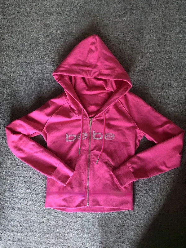 Mirla | Barbie Rosa Bokstäver Strasstryck Hoodie med Dragkedja-Eva Jonsson