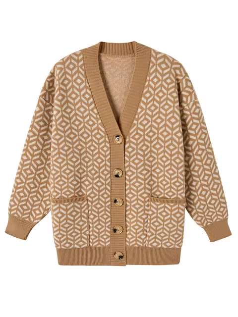 Mirla | Bekväm Stickad Cardigan med Geometrisk Mönster och Knäppning-Eva Jonsson