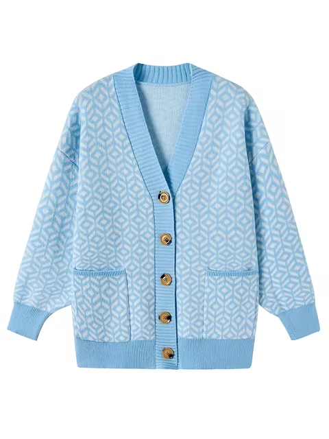 Mirla | Bekväm Stickad Cardigan med Geometrisk Mönster och Knäppning-Eva Jonsson