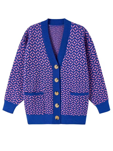 Mirla | Bekväm Stickad Cardigan med Geometrisk Mönster och Knäppning-Eva Jonsson