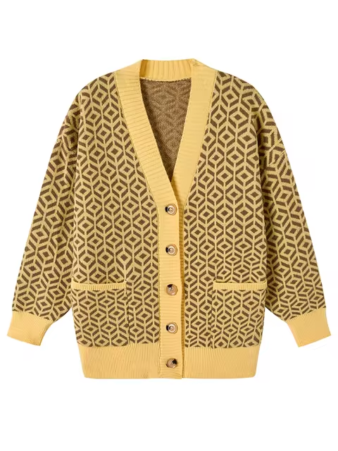Mirla | Bekväm Stickad Cardigan med Geometrisk Mönster och Knäppning-Eva Jonsson