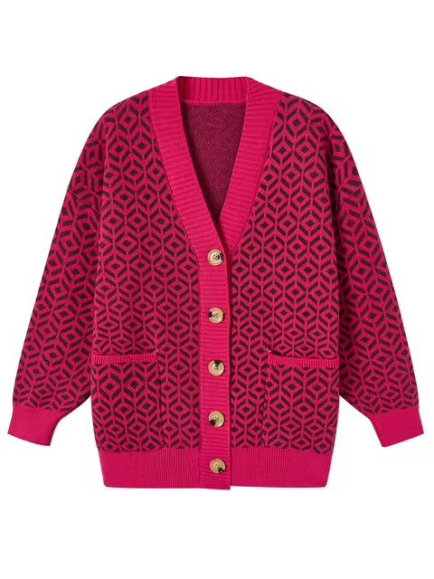 Mirla | Bekväm Stickad Cardigan med Geometrisk Mönster och Knäppning-Eva Jonsson