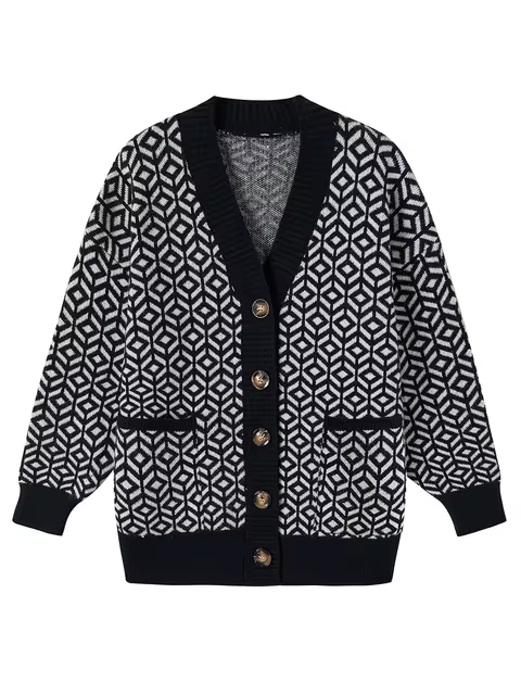 Mirla | Bekväm Stickad Cardigan med Geometrisk Mönster och Knäppning-Eva Jonsson