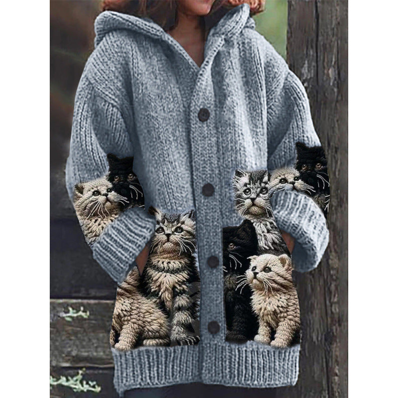 Mirla | Bekväm Stickad Katttryck Cardigan-Eva Jonsson