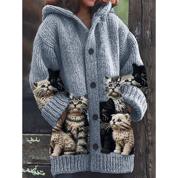 Mirla | Bekväm Stickad Katttryck Cardigan-Eva Jonsson