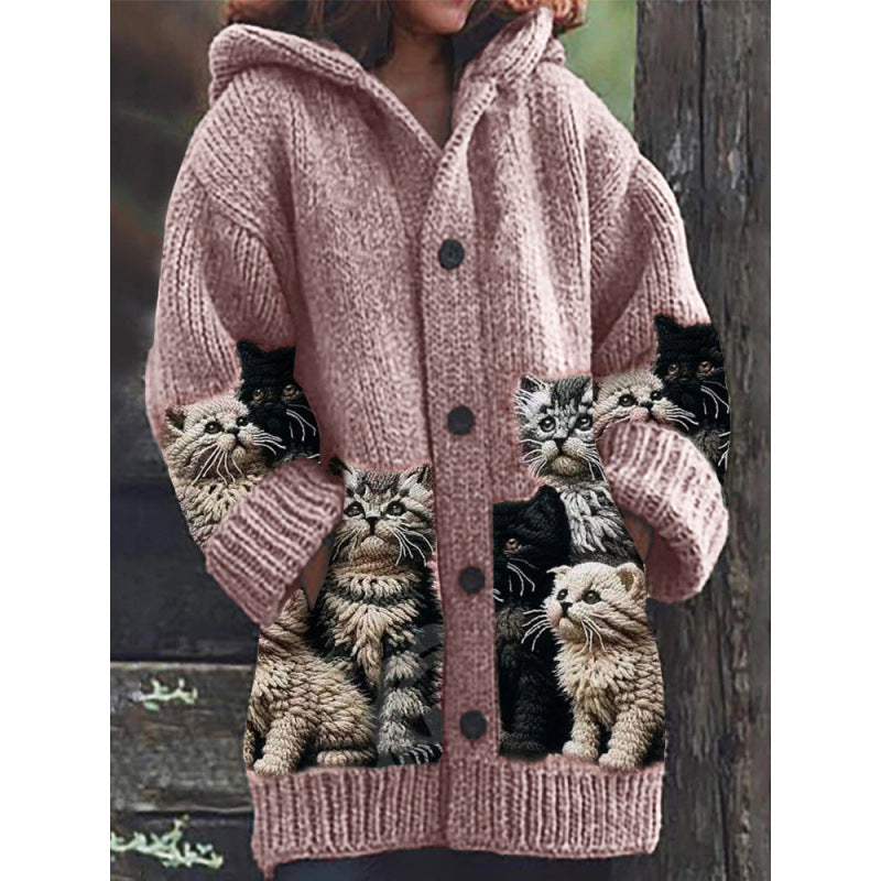 Mirla | Bekväm Stickad Katttryck Cardigan-Eva Jonsson