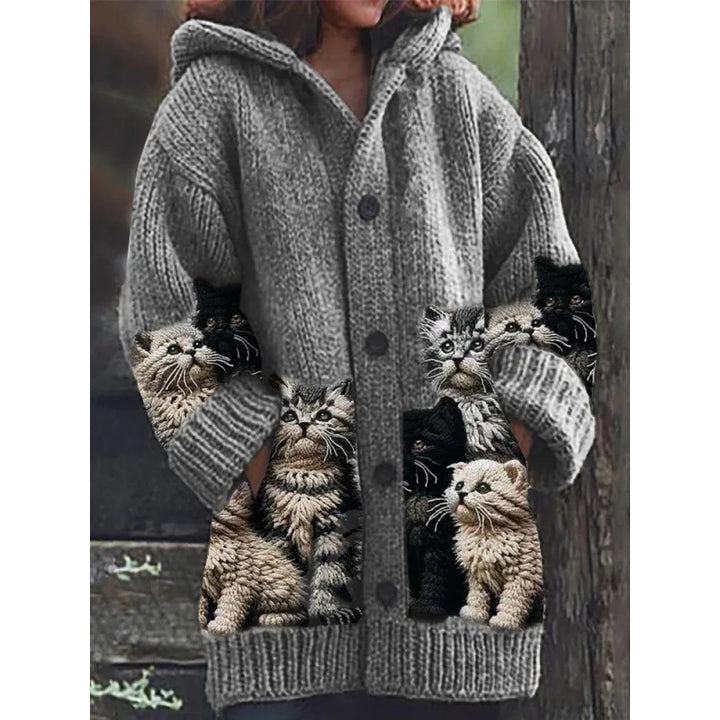 Mirla | Bekväm Stickad Katttryck Cardigan-Eva Jonsson