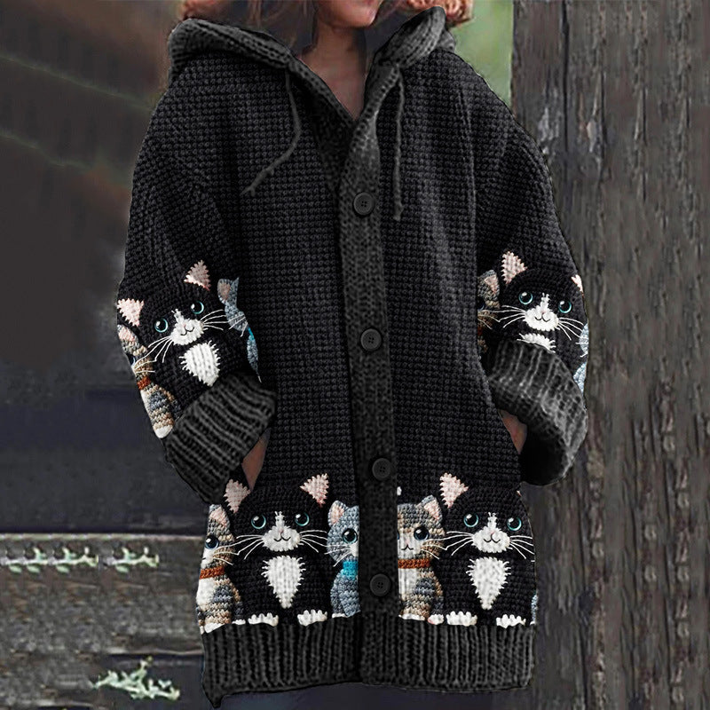 Mirla | Bekväm Stickad Katttryck Cardigan-Eva Jonsson