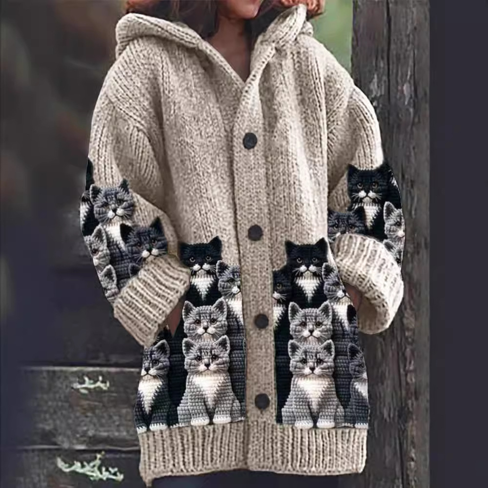 Mirla | Bekväm Stickad Katttryck Cardigan-Eva Jonsson