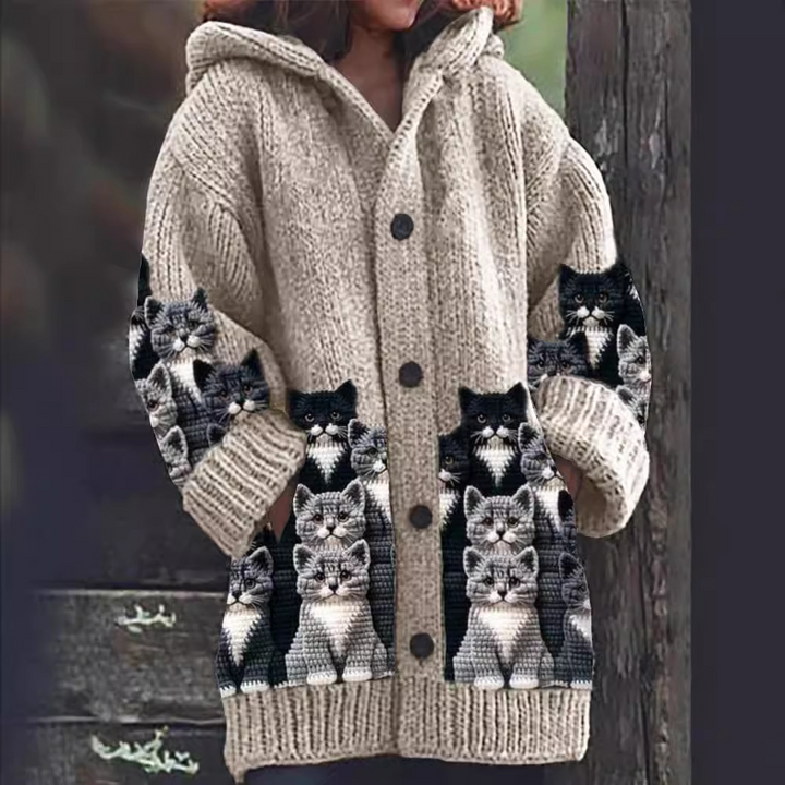 Mirla | Bekväm Stickad Katttryck Cardigan-Eva Jonsson