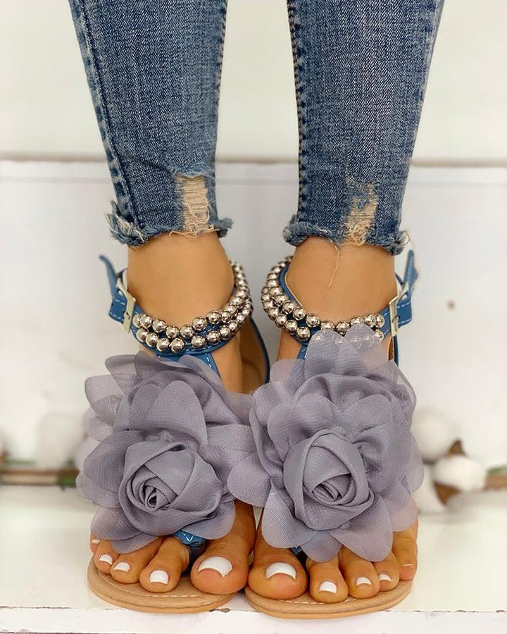 Mirla | Bekväma Blommörkade Remmar Platt Sandal-Eva Jonsson