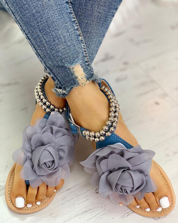 Mirla | Bekväma Blommörkade Remmar Platt Sandal-Eva Jonsson