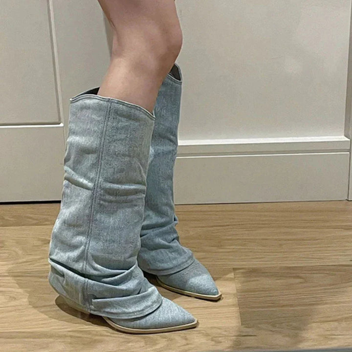Mirla | Blå Denim Lårhöga Stövlar-Eva Jonsson