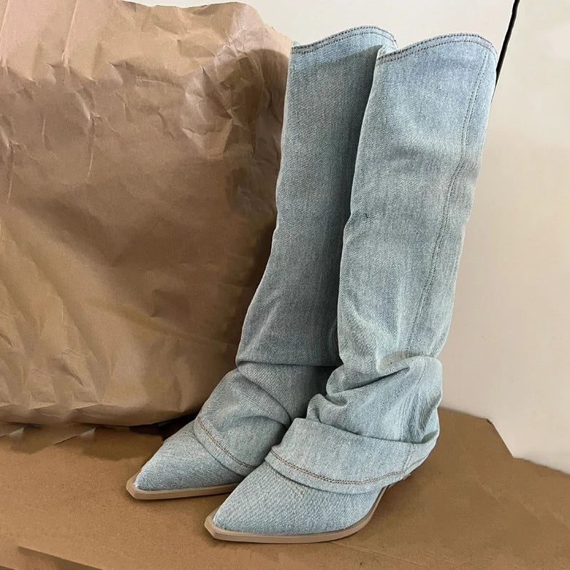 Mirla | Blå Denim Lårhöga Stövlar-Eva Jonsson