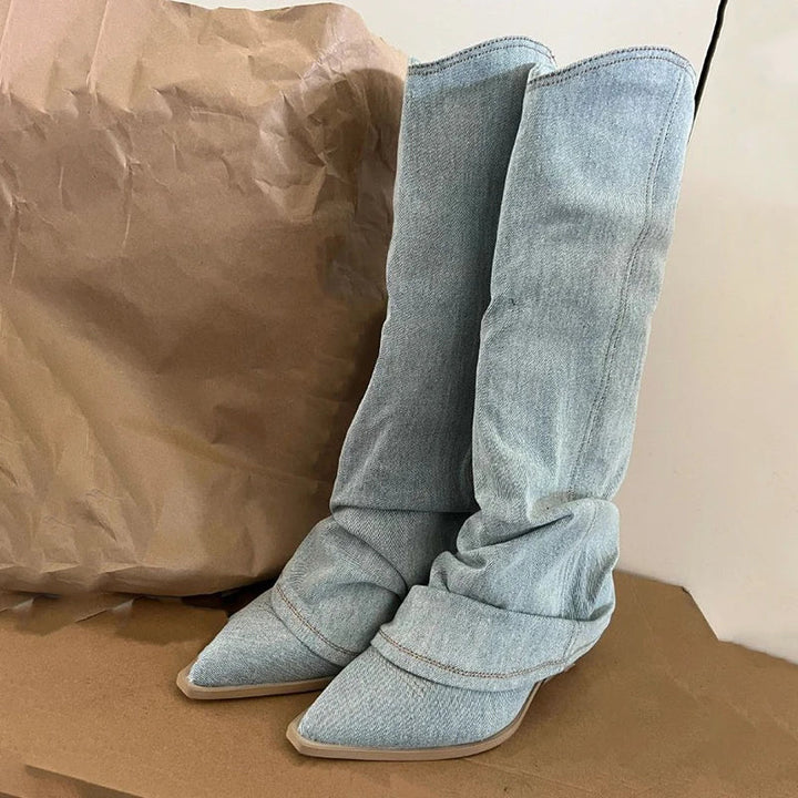 Mirla | Blå Denim Lårhöga Stövlar-Eva Jonsson