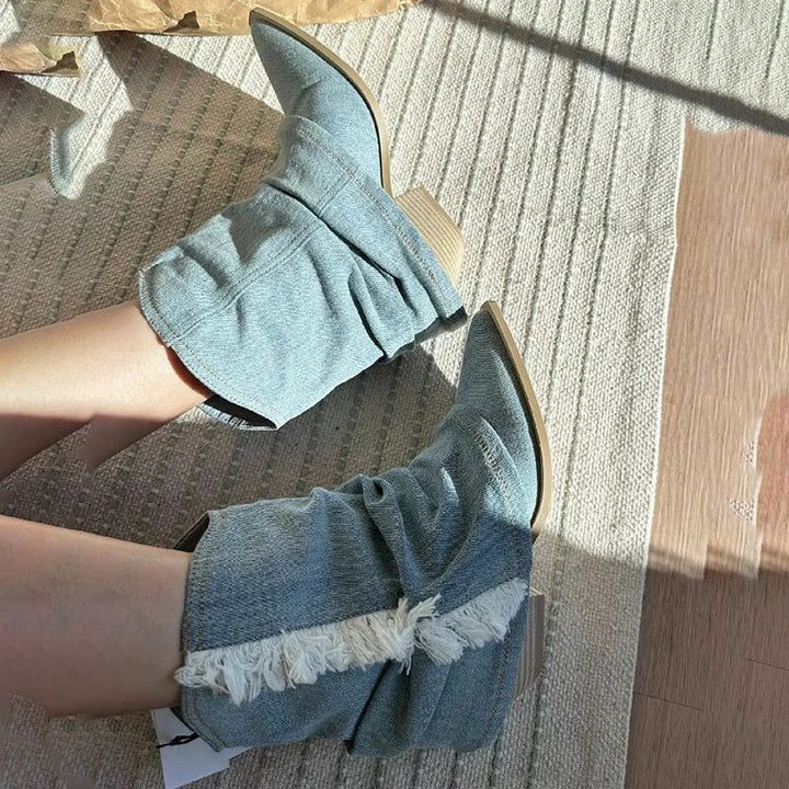 Mirla | Blå Denim Lårhöga Stövlar-Eva Jonsson
