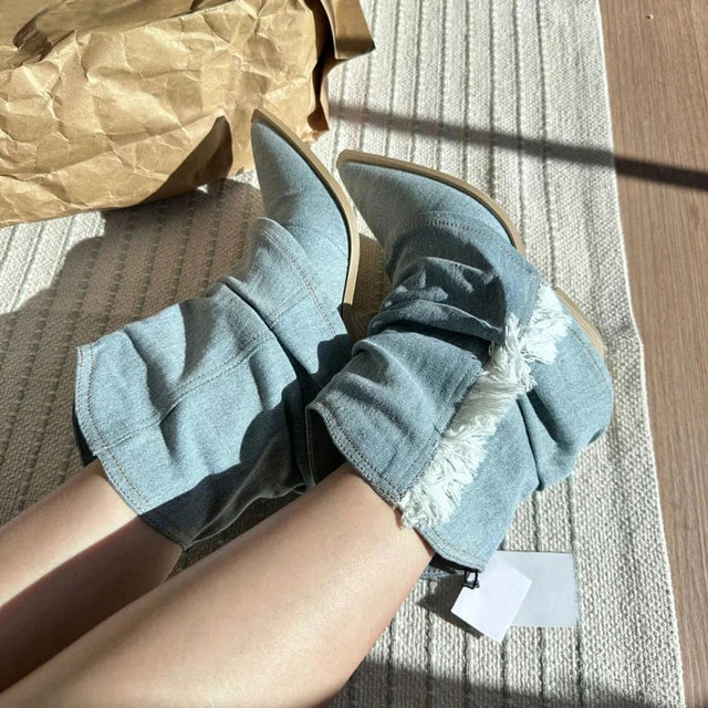 Mirla | Blå Denim Lårhöga Stövlar-Eva Jonsson