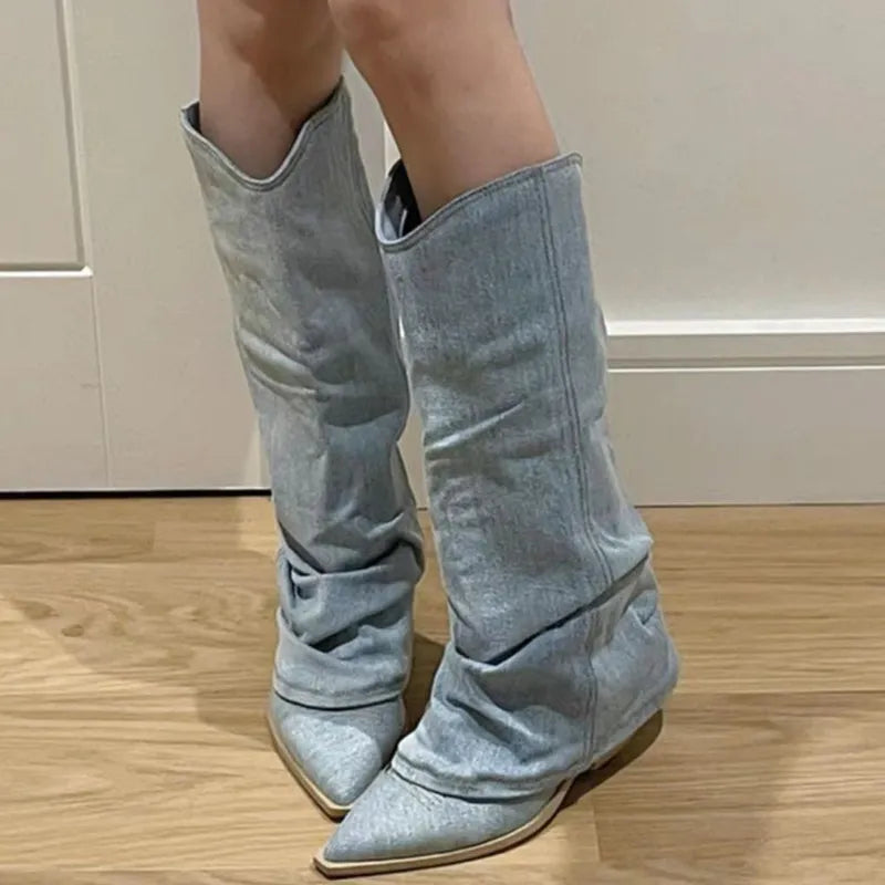 Mirla | Blå Denim Lårhöga Stövlar-Eva Jonsson