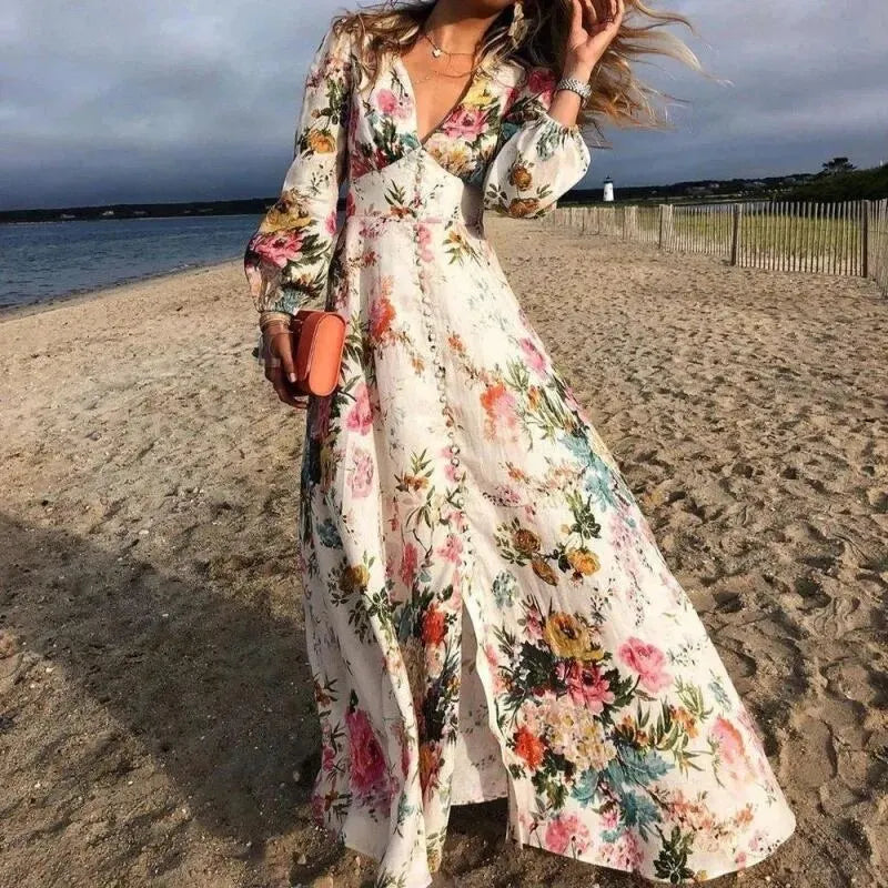 Mirla | Blommig Långärmad V U-snitt Boho Solklänning-Eva Jonsson