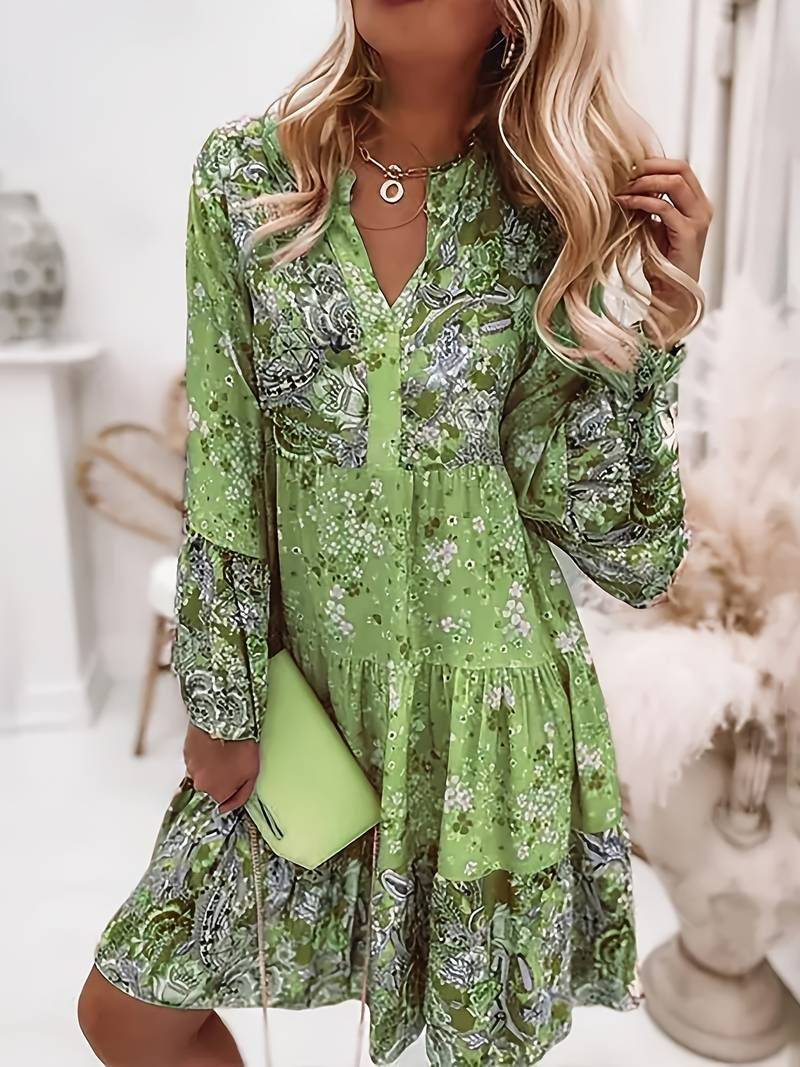Mirla | Blommig V-ringad Rynkdress-Eva Jonsson