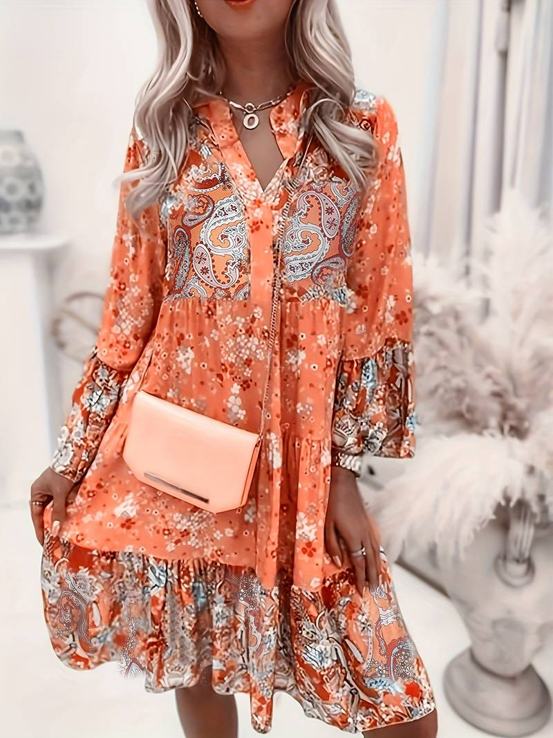 Mirla | Blommig V-ringad Rynkdress-Eva Jonsson
