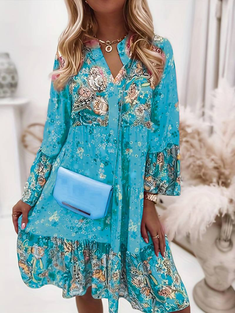 Mirla | Blommig V-ringad Rynkdress-Eva Jonsson