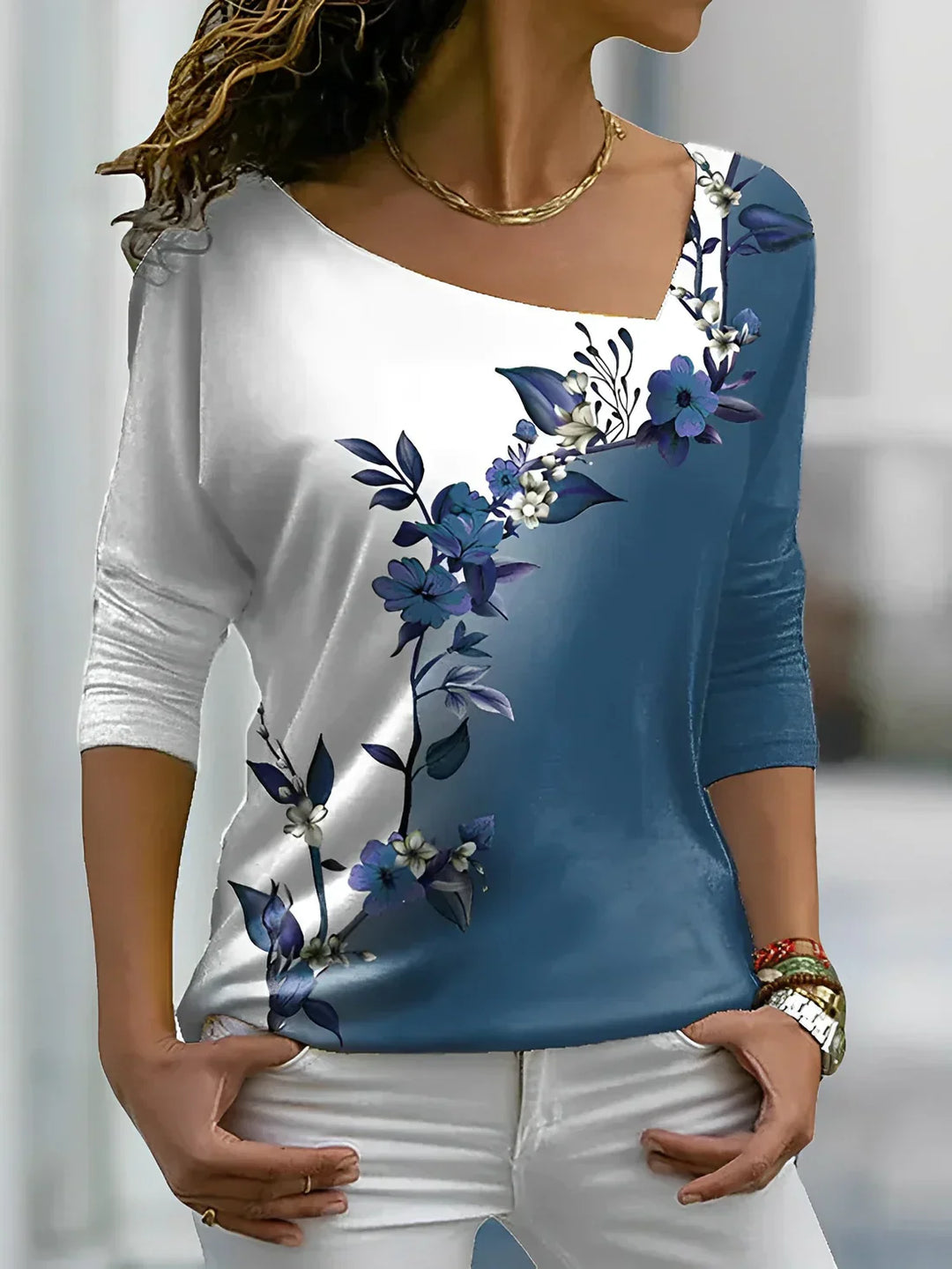 Mirla | Blommigt Kontrastfärgat T-shirt-Eva Jonsson