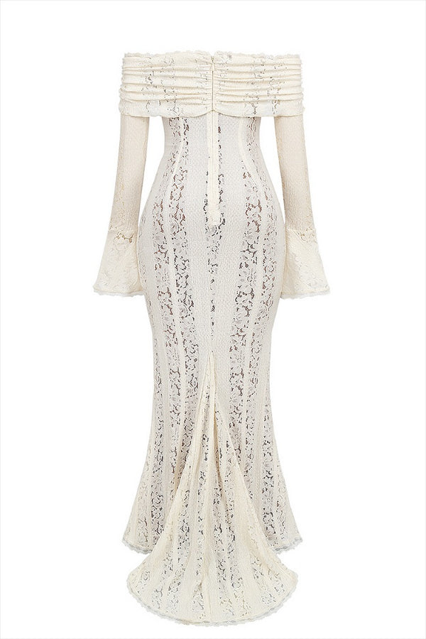 Mirla | Blommor Spets Off Shoulder Flare Ärmar Fishtail Maxi Klänningar - Vit-Eva Jonsson