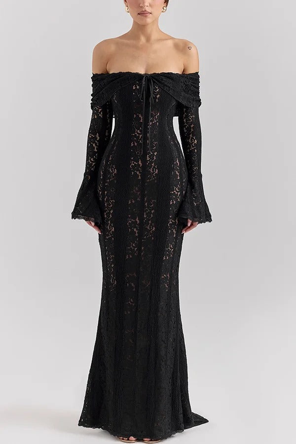 Mirla | Blommor Spets Off Shoulder Flare Ärmar Fishtail Maxi Klänningar - Vit-Eva Jonsson