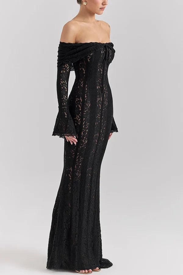 Mirla | Blommor Spets Off Shoulder Flare Ärmar Fishtail Maxi Klänningar - Vit-Eva Jonsson