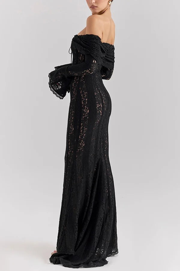 Mirla | Blommor Spets Off Shoulder Flare Ärmar Fishtail Maxi Klänningar - Vit-Eva Jonsson