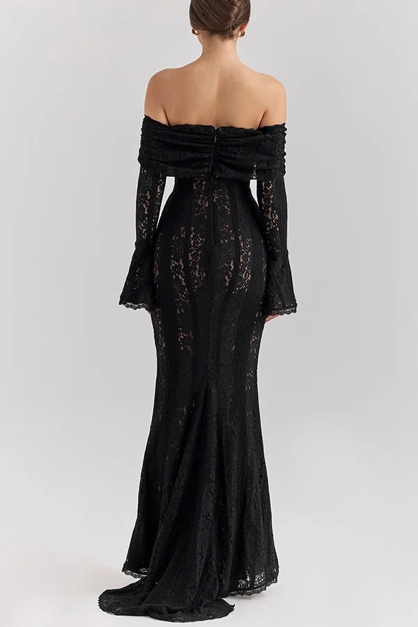 Mirla | Blommor Spets Off Shoulder Flare Ärmar Fishtail Maxi Klänningar - Vit-Eva Jonsson