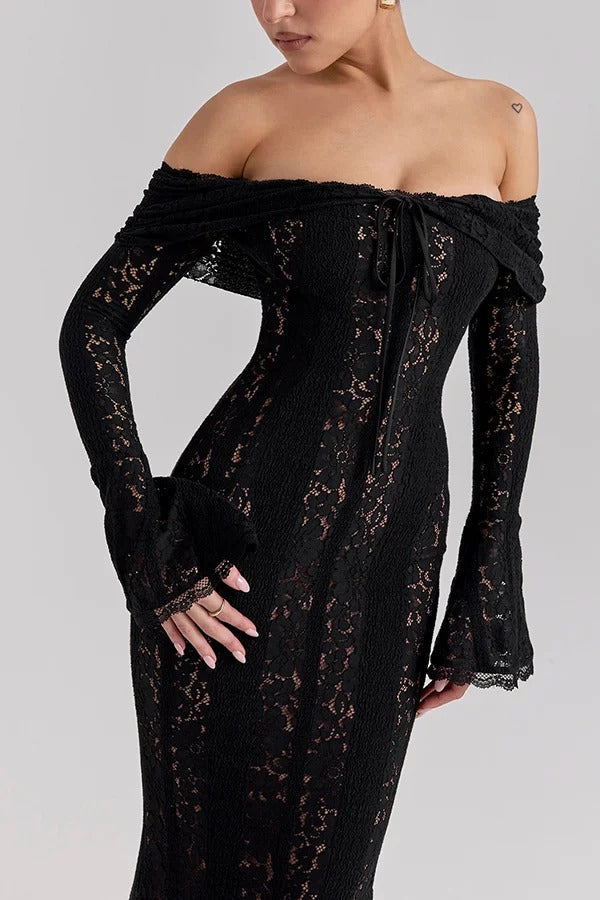 Mirla | Blommor Spets Off Shoulder Flare Ärmar Fishtail Maxi Klänningar - Vit-Eva Jonsson