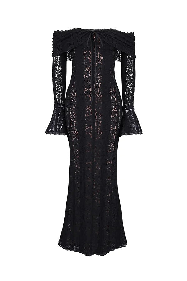 Mirla | Blommor Spets Off Shoulder Flare Ärmar Fishtail Maxi Klänningar - Vit-Eva Jonsson