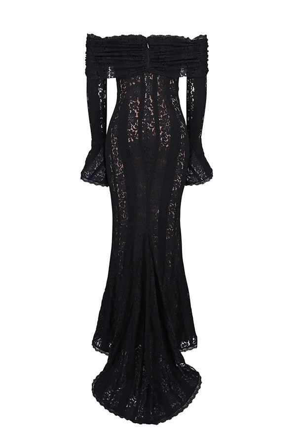 Mirla | Blommor Spets Off Shoulder Flare Ärmar Fishtail Maxi Klänningar - Vit-Eva Jonsson