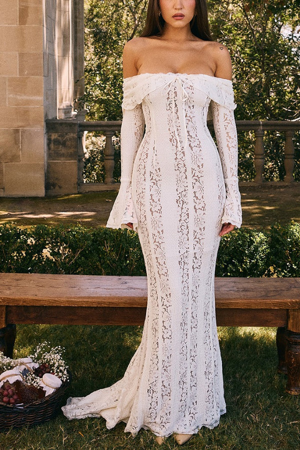 Mirla | Blommor Spets Off Shoulder Flare Ärmar Fishtail Maxi Klänningar - Vit-Eva Jonsson