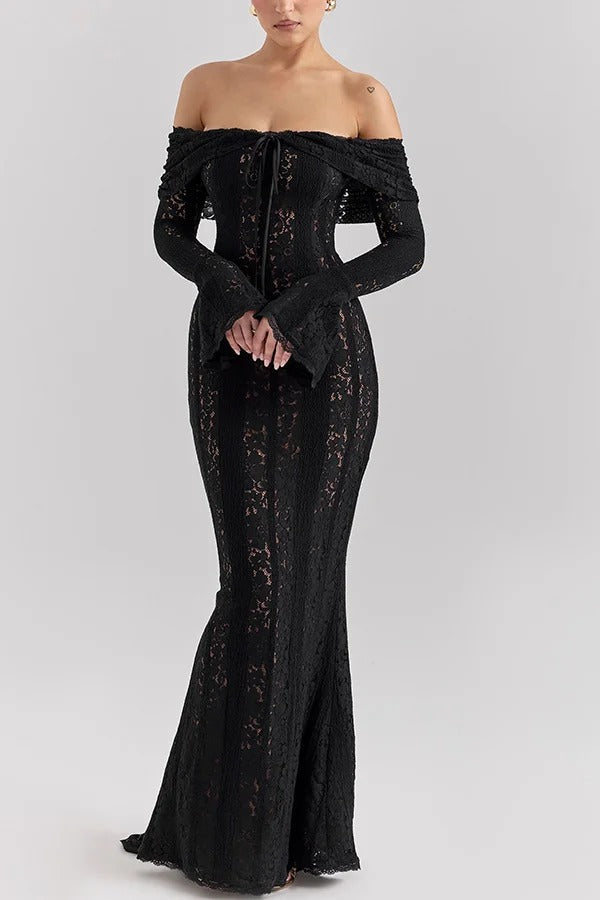 Mirla | Blommor Spets Off Shoulder Flare Ärmar Fishtail Maxi Klänningar - Vit-Eva Jonsson