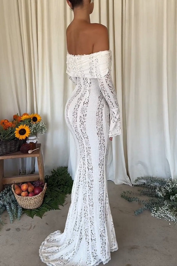Mirla | Blommor Spets Off Shoulder Flare Ärmar Fishtail Maxi Klänningar - Vit-Eva Jonsson