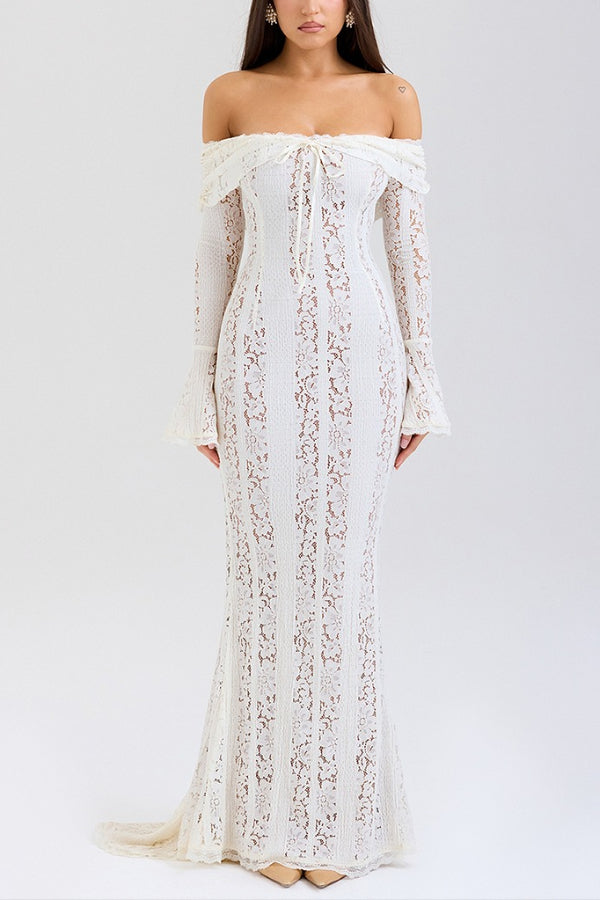 Mirla | Blommor Spets Off Shoulder Flare Ärmar Fishtail Maxi Klänningar - Vit-Eva Jonsson