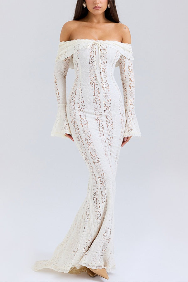 Mirla | Blommor Spets Off Shoulder Flare Ärmar Fishtail Maxi Klänningar - Vit-Eva Jonsson