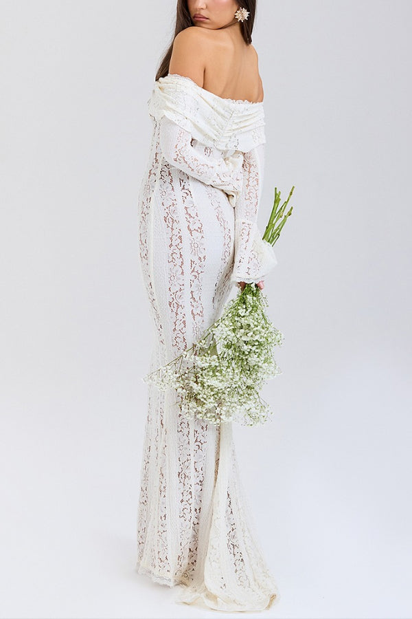 Mirla | Blommor Spets Off Shoulder Flare Ärmar Fishtail Maxi Klänningar - Vit-Eva Jonsson