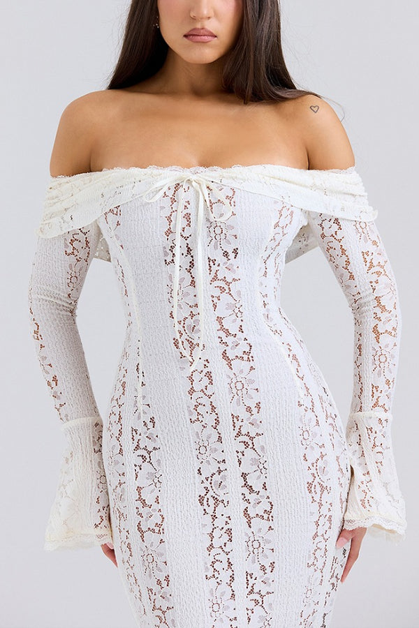 Mirla | Blommor Spets Off Shoulder Flare Ärmar Fishtail Maxi Klänningar - Vit-Eva Jonsson