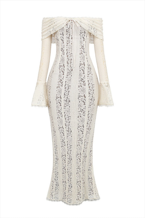 Mirla | Blommor Spets Off Shoulder Flare Ärmar Fishtail Maxi Klänningar - Vit-Eva Jonsson