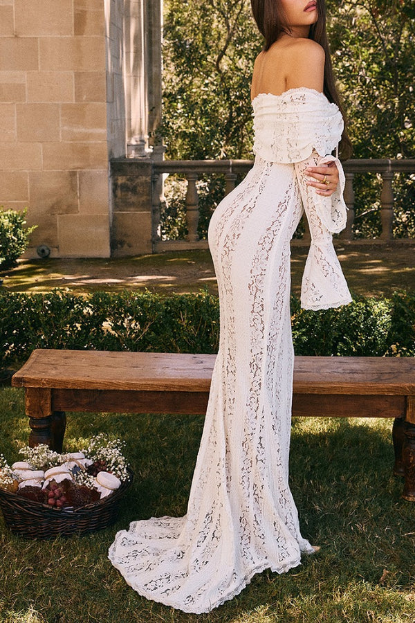 Mirla | Blommor Spets Off Shoulder Flare Ärmar Fishtail Maxi Klänningar - Vit-Eva Jonsson